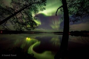 Stunning Northern Lights reflecting over a calm lake in Lapland, surrounded by silhouettes of trees.