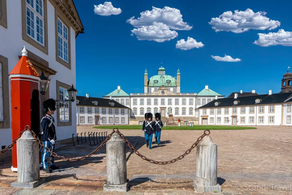 Fredensborg Palace in Denmark with Royal Guards on duty