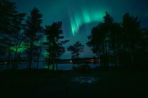 Northern Lights over a serene lake in Lapland, Finland, surrounded by silhouetted trees.