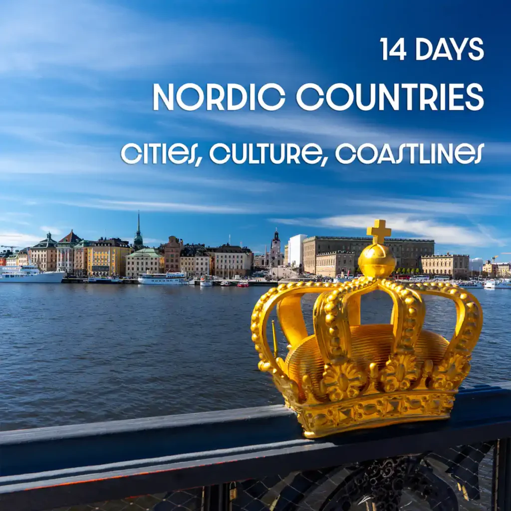 Golden crown overlooking Stockholm waterfront on 14-day Nordic Countries tour – cities, culture, and coastlines.