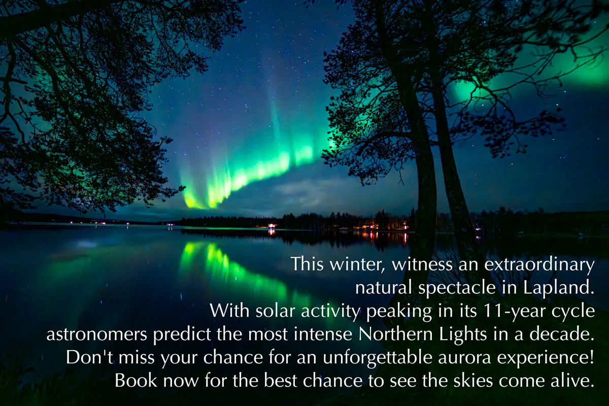 Northern Lights in Lapland during peak solar activity reflecting over a calm winter lake