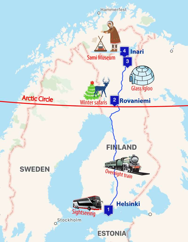 8-day Finland winter tour map from Helsinki to Lapland showing Northern Lights and Glass Igloo route.
