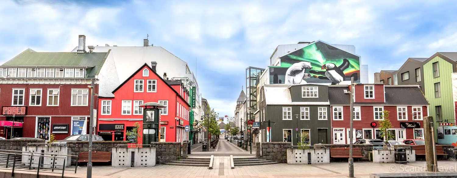 Colorful houses and mural in Reykjavik