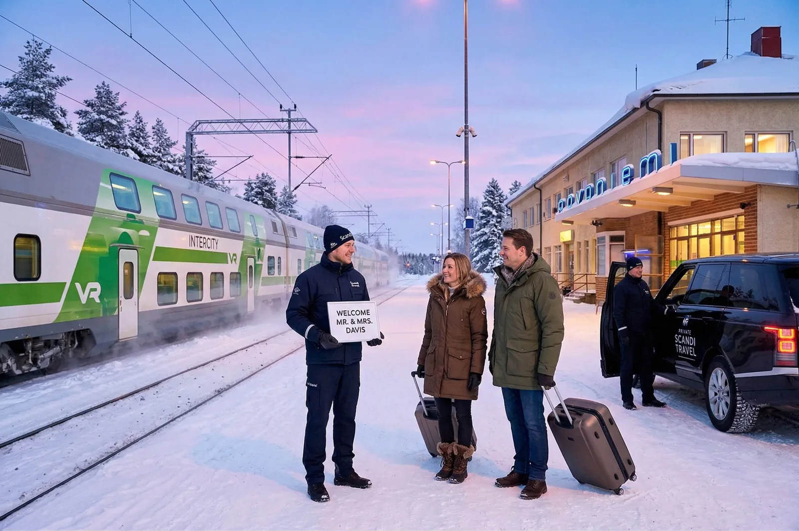 Private tour guide meeting guests at Rovaniemi railway station with a luxury SUV transfer and VR Intercity train in Lapland.