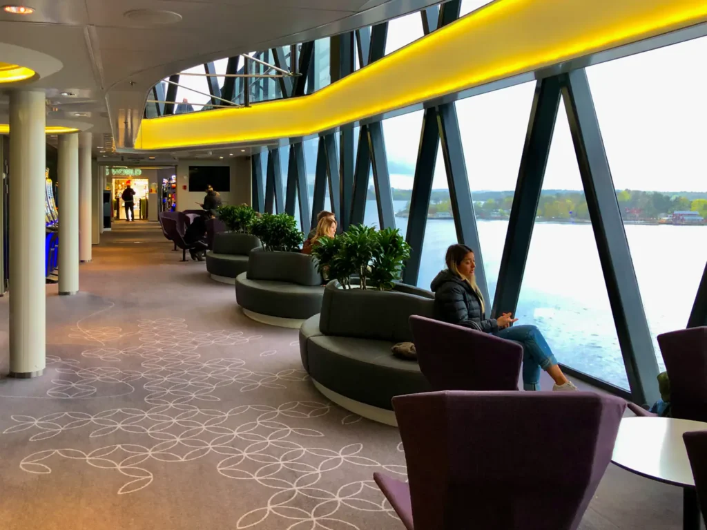 Panoramic lounge with sea views aboard a Baltic cruise ferry between Stockholm and Tallinn