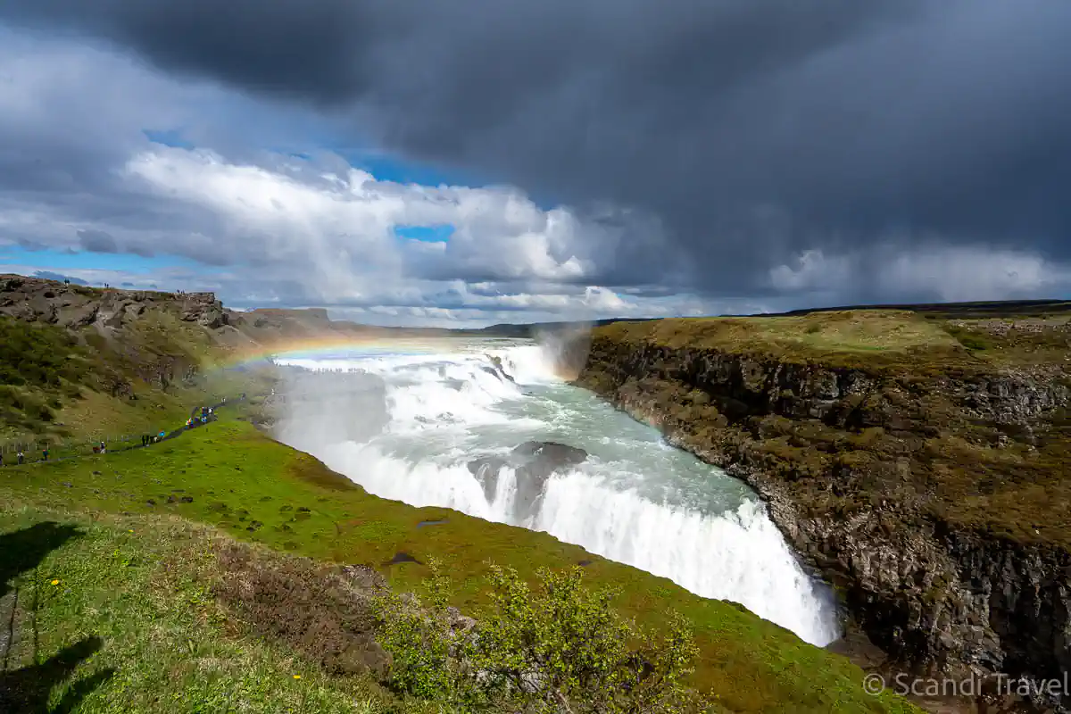 Gullfoss waterfall in Iceland with a rainbow, visited on Day 9 of the 10-day Scandinavia & Iceland tour