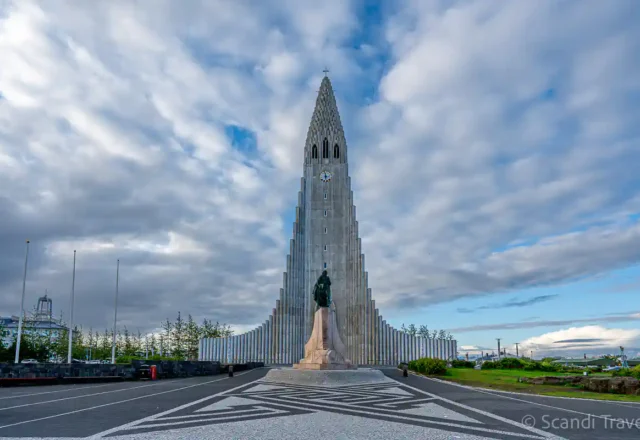 Hallgrímskirkja Church in Reykjavik, Iceland, under a dramatic sky – a highlight of the 10-day Scandinavia & Iceland tour