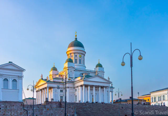 Helsinki Cathedral at Senate Square in the evening light during a city tour in Helsinki, Finland.