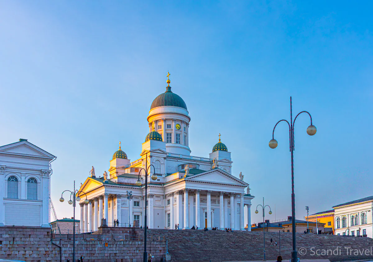 Helsinki Cathedral at Senate Square in the evening light during a city tour in Helsinki, Finland.