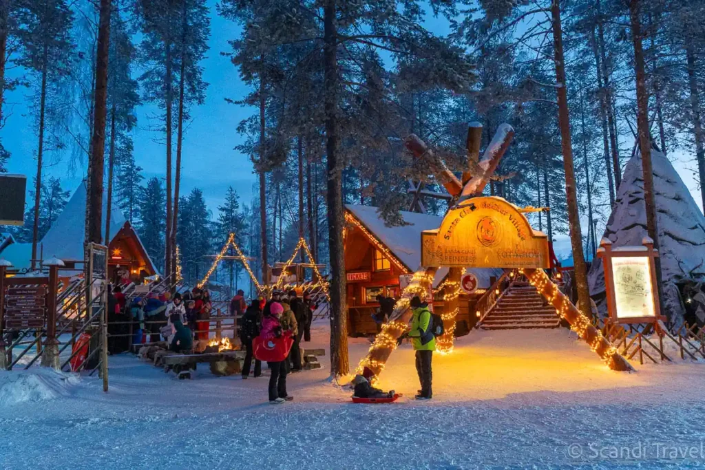 Santa Claus Village in Rovaniemi, Lapland, Finland during a magical winter evening