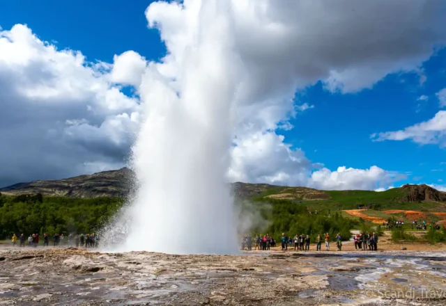 Strokkur geyser erupting in Iceland’s Golden Circle during Scandi Travel guided tour