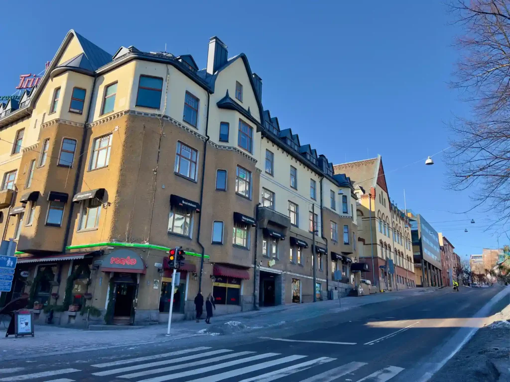 Historic Art Nouveau building on Aurakatu street in Turku on a sunny winter day