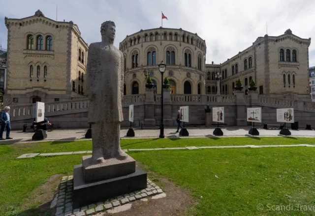 Storting (Norwegian Parliament) building and foreground statue in Oslo on Day 4 of Scandi Travel’s 10-day Scandinavia & Iceland tour