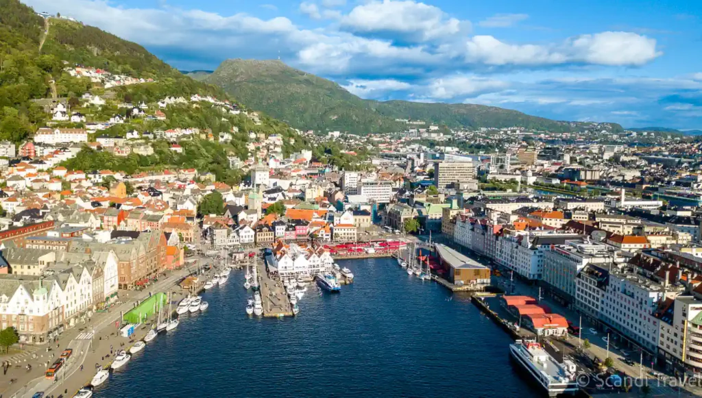 Bergen harbor and UNESCO Bryggen from Mount Fløyen