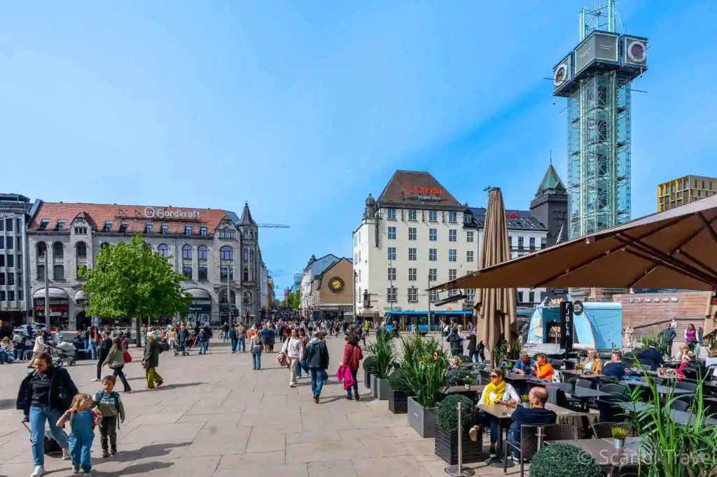 Jernbanetorget square in central Oslo with Oslo Clock Tower