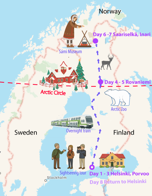 8-day Finland & Arctic Wonders tour map from Helsinki to Lapland.