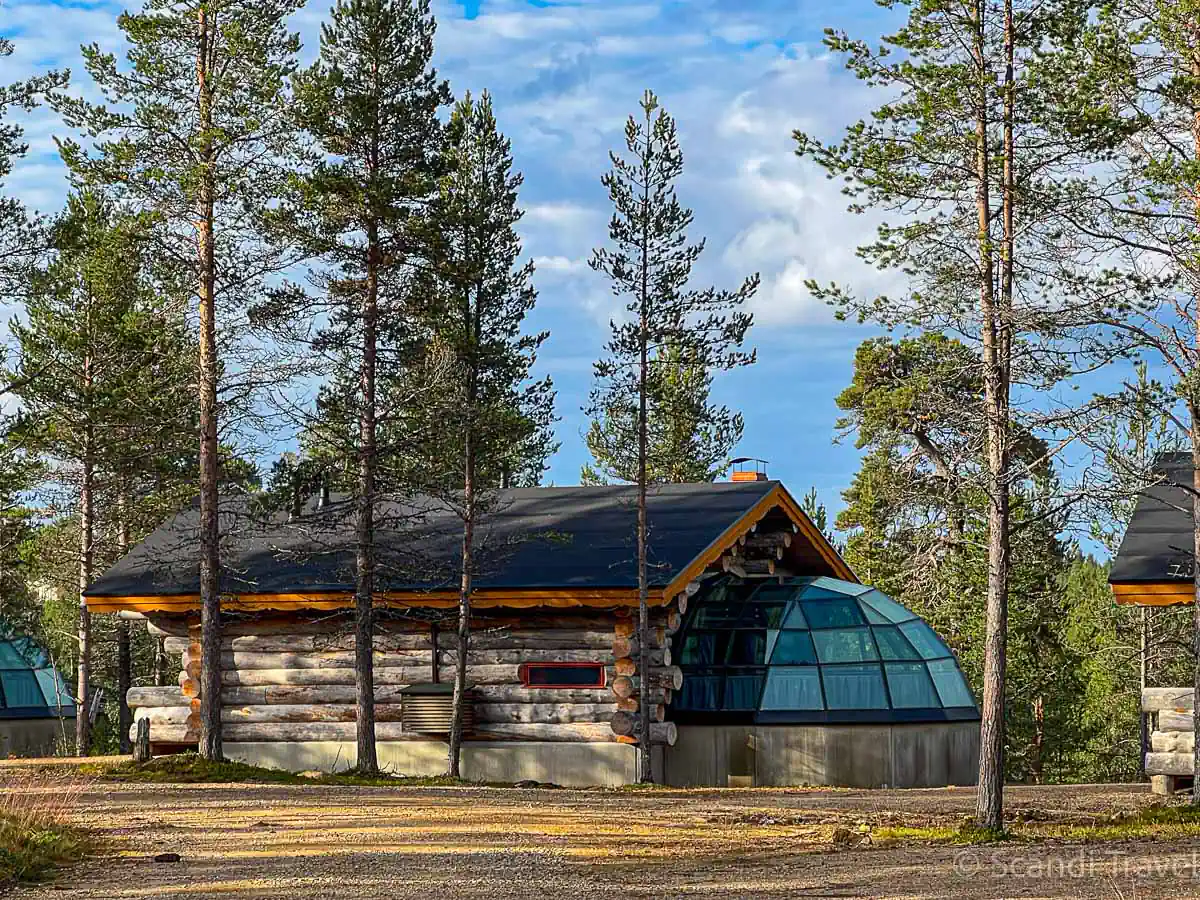 A traditional Finnish log cabin with a glass igloo extension surrounded by pine trees during a summer tour in Lapland.