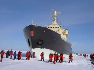 Aerial view of the Kemi Snow Castle built from sea ice on the frozen Gulf of Bothnia
