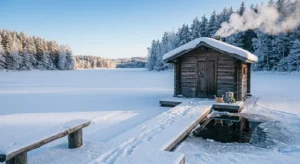 Traditional Finnish log sauna with smoking chimney beside an avanto ice hole on a frozen lake, at the heart of Finnish sauna culture