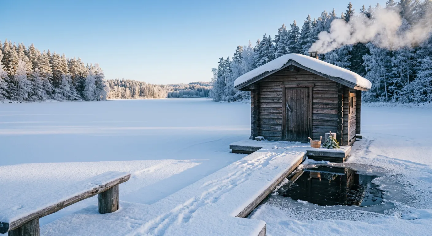 Traditional Finnish log sauna with smoking chimney beside an avanto ice hole on a frozen lake, at the heart of Finnish sauna culture