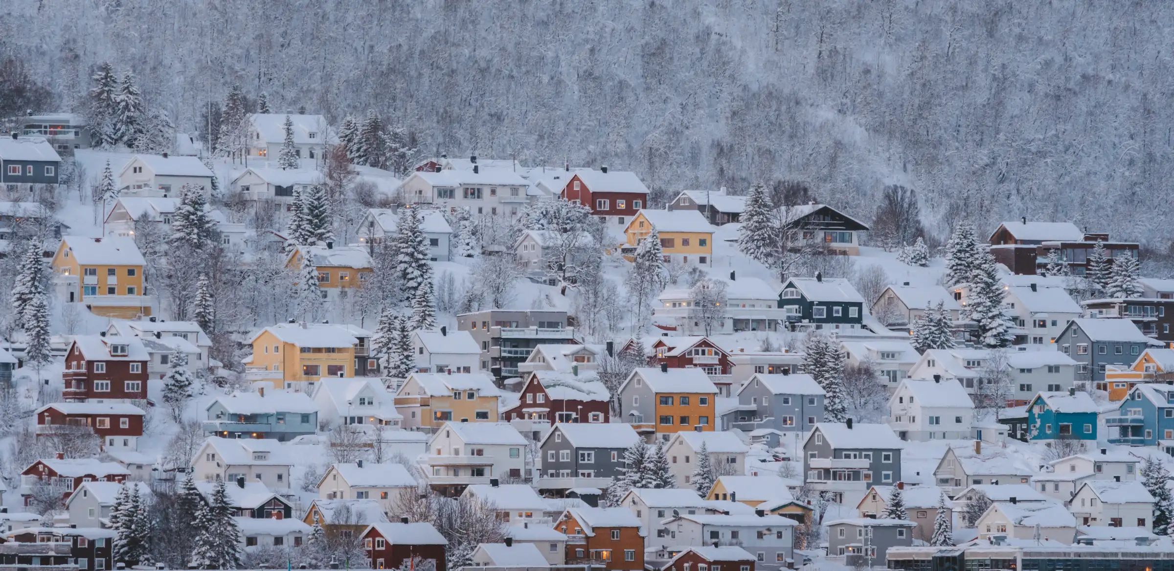 Colourful snow-covered wooden houses on a hillside in Tromsø at blue hour, seen on a Scandi Travel Lapland and Tromsø tour